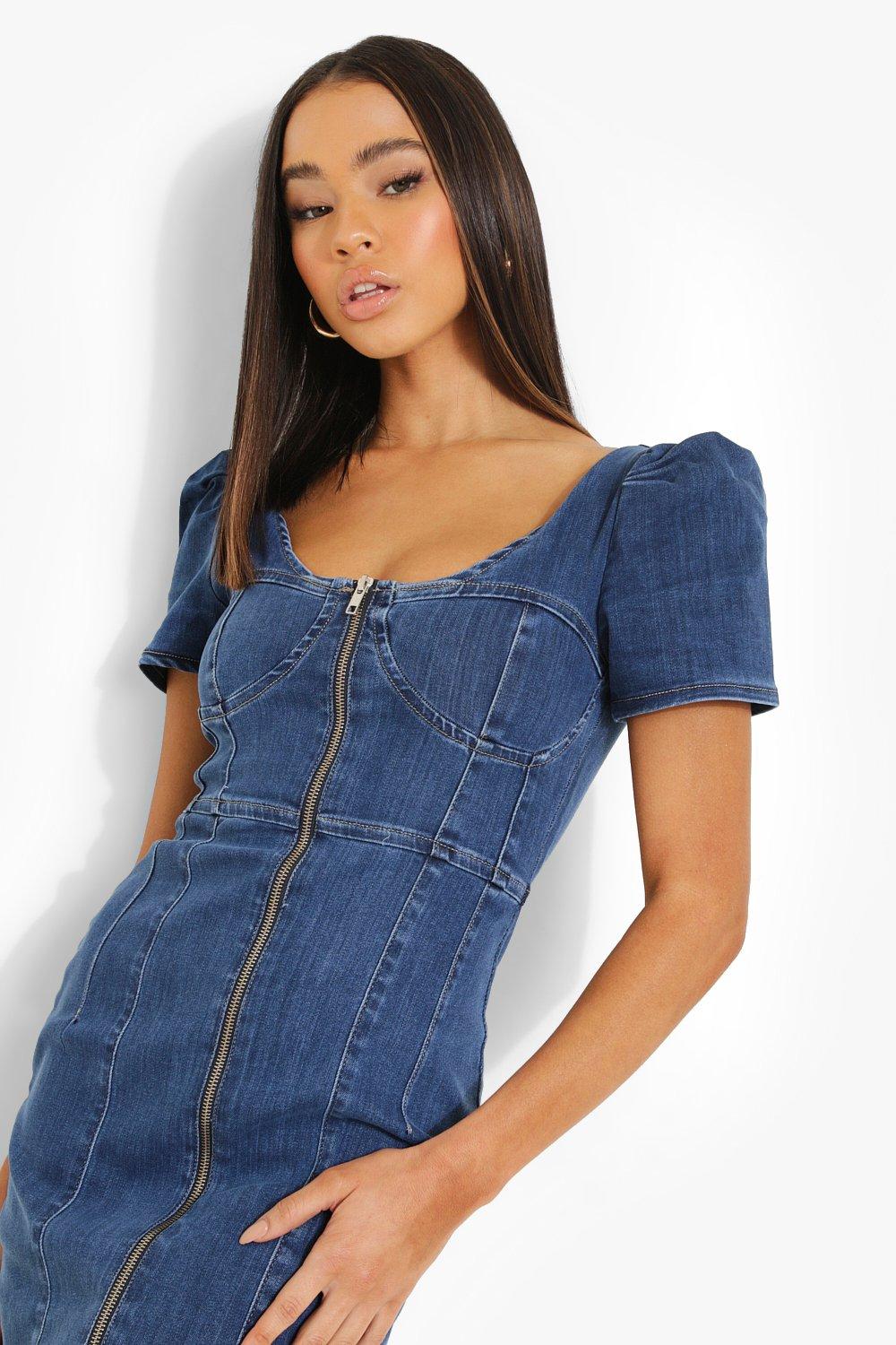 Boohoo off shoulder denim hot sale dress